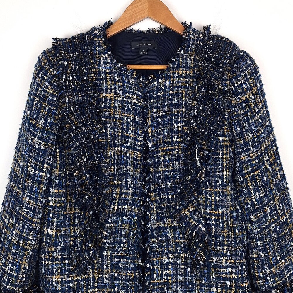 Ann Taylor Ruffle Tweed Blazer Size 6. Navy Blue Multicolor Shimmer Raw Edge - Picture 5 of 13